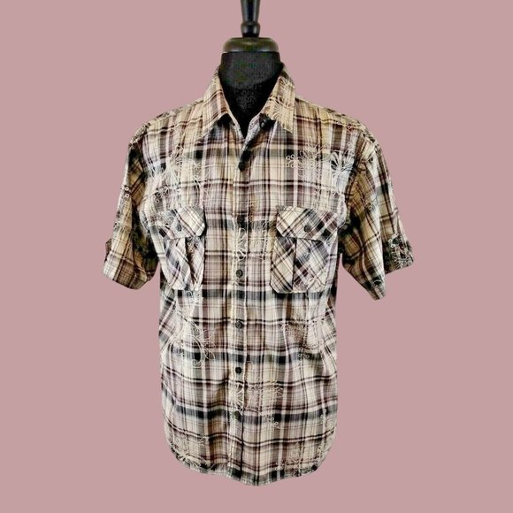 Vese Mens Shirt XL Embroidered Button Up Plaid Stitched Floral Design Short Sl - Picture 1 of 10